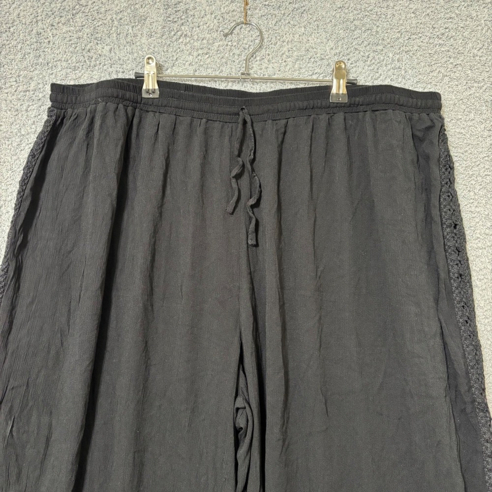 Wide Leg Black Lounge Pants 3X Elastic Waist Drawstring Crochet Side Detail - Picture 3 of 11